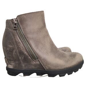 Sorel Joan of Arctic II Leather US 7 Wedge Boots Booties Zip Up Gray Nubuck